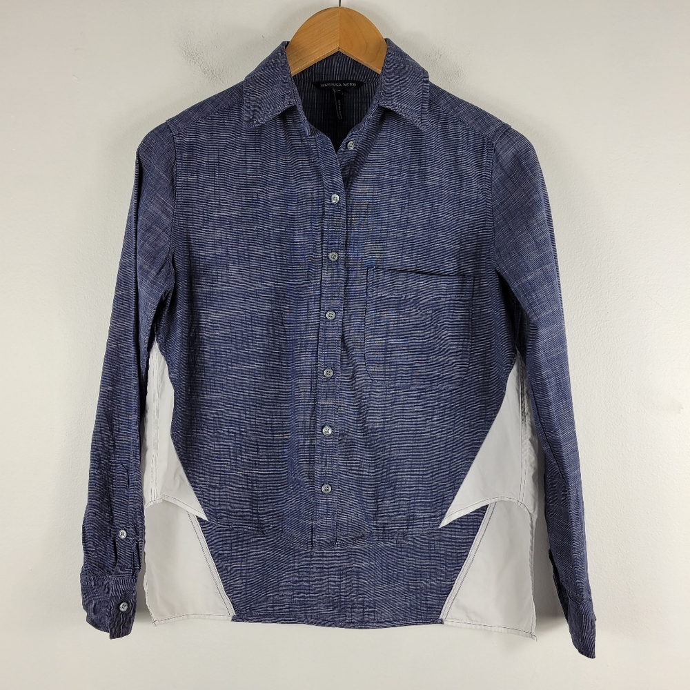 Marissa Webb Chambray White Colorblock Long Sleeve High Low Button Up Top